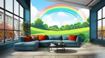 magical fantastical lush green rolling hills with doughnuts and rainbows Wall mural