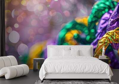 mardi gras masks, beads, and feathers in purple, gold, and green Wall mural