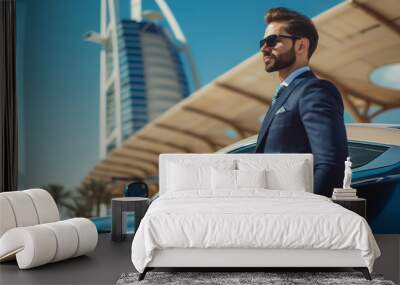 Business man with light beard standing front of expensive car in Dubai Wall mural