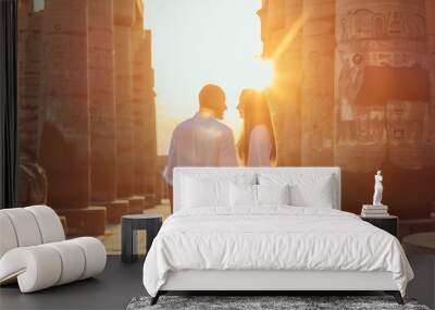 Couple in love during honeymoon visiting pyramids of Egypt Wall mural