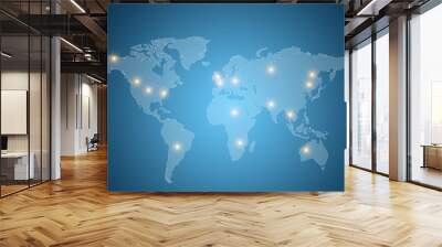 world map with lights on different countries with blue background Wall mural