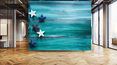 Colorful Fourth of July Background. American flag and red, white and blue stars over a rustic wood table for Independence Day celebration. Banner with copy space.  Wall mural