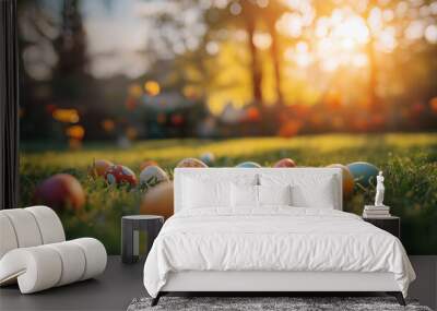 Collection of colorful easter eggs laying in grass, background of trees and flowers blurred to highlight the natural feeling morning light  Wall mural