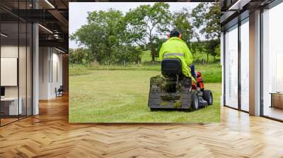 A man wearing a high-visibility jacket and ear defenders mows the grass in a large garden while sitting on a ride-on lawn mower Wall mural