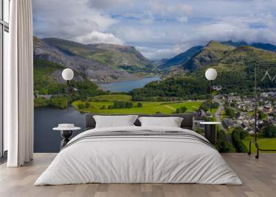 Aerial view of Dinorwic Quarry, near Llanberis, Gwynedd, Wales - with Llyn Peris, Llyn Padarn, the Dinorwig Power Station Facilities and Mount Snowdon in the background Wall mural