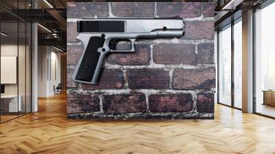 Black & Silver Hand Gun isolated on a brick background Wall mural