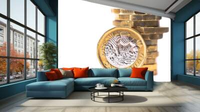 Stack of British Pound coins with one coin stood up at front Wall mural