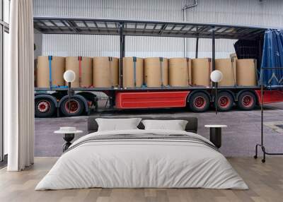 Semi Truck Trailer Loaded with Paper Reels and Secured Cargo Side View Wall mural