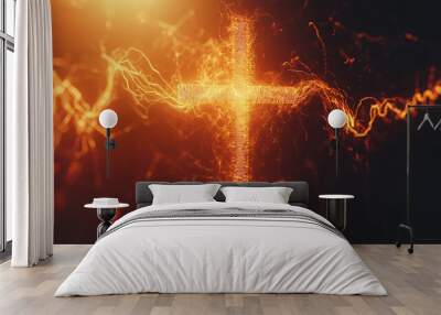 Fiery Cross with Orange and Yellow Lines Against Dark Background Wall mural