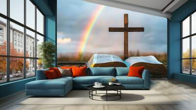 Holy Bible and Cross with Rainbow in the Background Wall mural