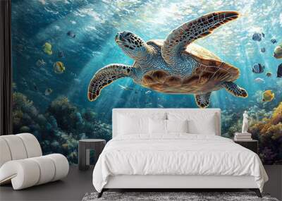 Sea Turtle Swimming Through Coral Reef Wall mural