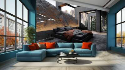 Modern loft bedroom interior design with skylight, soft bed, carpet, wooden floor and view to dolomiti mountains 3d rendering	 Wall mural