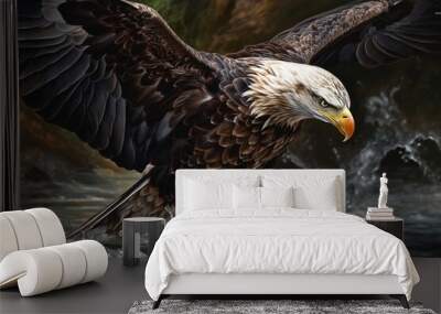 Bald Eagle swooping in to catch a fish off the surface of the water. AI generative illustrations Wall mural