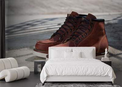 Man fashion brown boot leather on the floor. Wall mural