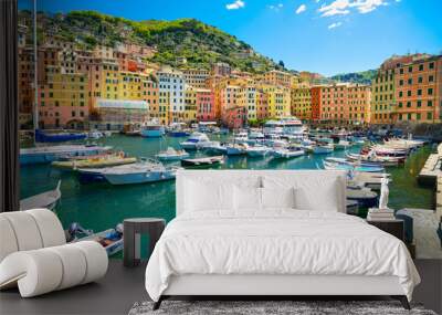 camogli marina harbor, boats and typical colorful houses. ligury Wall mural