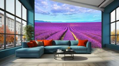 Lavender flower blooming fields endless rows. Valensole provence Wall mural