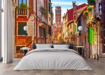 venice cityscape, water canal, campanile church and traditional Wall mural