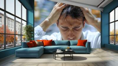 A man holding his head with both hands and looking distressed. Mental health issues from work-related stress tax issue and duties. Wall mural