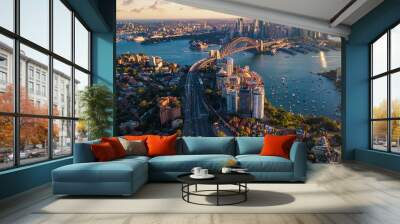 Aerial drone view of Sydney City and Sydney Harbour showing Sydney Harbour Bridge and Lavender Bay in the late afternoon        Wall mural