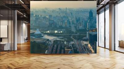 Cityscape of evening sunset in Nanning, Guangxi, China, viewed from above Wall mural