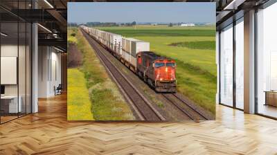 Container train across green and yellow prairie Wall mural