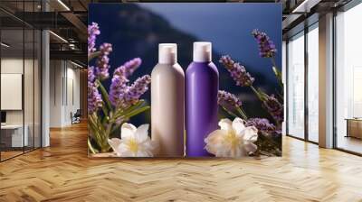 Cosmetics bottles with lavender flowers on the background of mountains. Wall mural