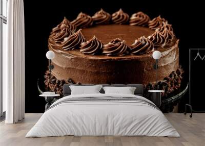 Delicious Dark Chocolate Fudge cake: isolated on dark background. Product photo. Layered chocolate cake. Wall mural