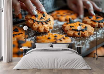 Fresh Halloween pumpkin shaped cookies. Female baker baking fresh Halloween cookies. Bakery. Bake. Cookies.	Pumpkin.
 Wall mural