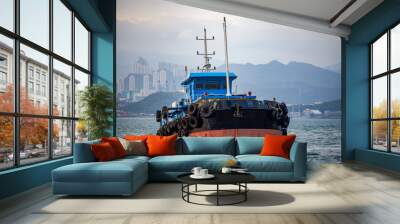 Large fishing boats docked by the sea in Hong Kong Wall mural