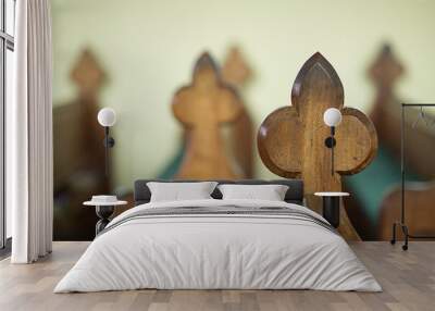 Detail views of old timber pews in a small church Wall mural