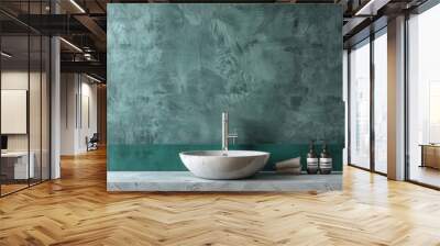 Marble stone counter with ceramic vessel. Chrome faucet on green wall. Modern minimalist bathroom interior design. Wall mural