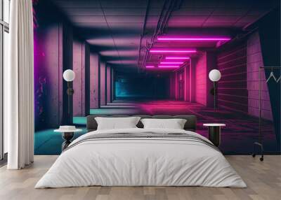 Neon Lights Grunge Sci Fi Underground Garage Car Room Cement Asphalt Concrete Brick Wall Realistic pink purple Colors Cyber Background 3D Wall mural