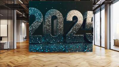 New Year 2025: Large numbers 2025. Black, sliver, blue and glossy shiny materials. The number is made of glitter and glass. Black sequin background. New Year Countdown. Celebration. Wall mural