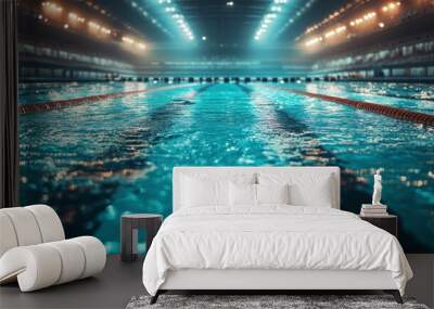 Olympic sized swimming pool. Interior swimming pool, stadium, event, indoor. Brightly lit, fresh water.	 Wall mural