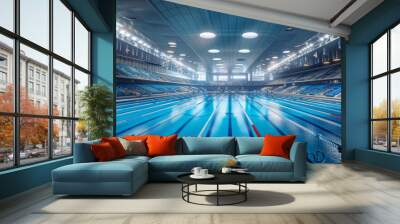 Olympic sized swimming pool. Interior swimming pool, stadium, event. Brightly lit, fresh water.  Wall mural