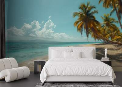 Palm Trees on a Tropical Beach: A picturesque view of tall palm trees swaying over a pristine, sandy beach with clear blue water in the background.  Wall mural