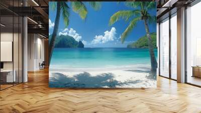 Palm Trees on a Tropical Beach: A picturesque view of tall palm trees swaying over a pristine, sandy beach with clear blue water in the background.  Wall mural