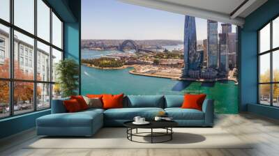 Panoramic aerial drone view of Barangaroo waterfront precinct in Sydney City, NSW showing Barangaroo Reserve and the Harbour Bridge on a sunny day     Wall mural