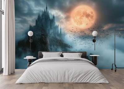 Spooky old medieval castle: Ancient eerie castle on mountain, swarm of bats and full moon behind. Halloween, horror, fairytale background concept.	 Wall mural