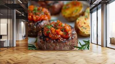 Steak Cipolla: Seared steak topped with caramelized onions, served on a white plate. Garnished with fresh rosemary and roasted garlic potatoes. Wall mural