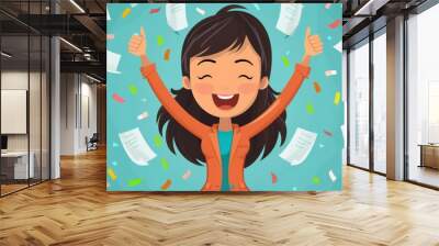 Successful woman celebrating: Female in business attire celebrating success, throwing papers in the air and raising arms in joy. Character. Cartoon, Illustration. Wall mural