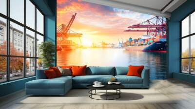 Tranquil dawn break at the harbor, ships at dock and cranes busy loading containers, symbolizing the start of a new day in global trade. Wall mural