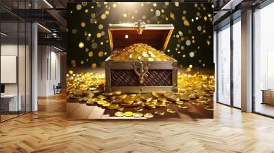 Treasure chest full of gold coins on bokeh background. Wall mural