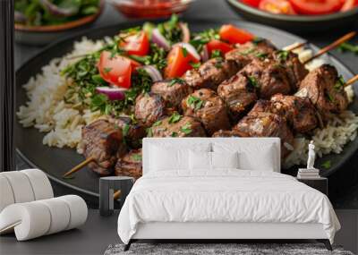 Turkish Kebab: Skewers of grilled Turkish kebab with lamb or chicken, served with rice and salad. Wall mural