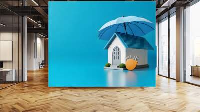 Umbrella Shielding House Icon on Blue Background Wall mural