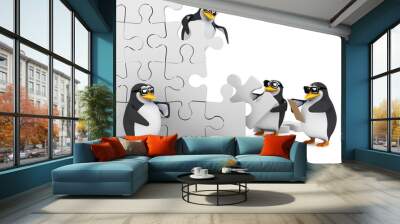 3d Penguins build a jigsaw wall Wall mural