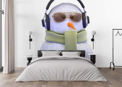 snowman listens to his new headphones Wall mural