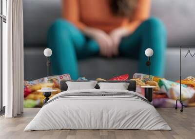 A cluttered coffee table filled with snack wrappers in front of a sad individual, illustrating the habitual connection between depression and mindless snacking Wall mural