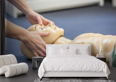 A person performing CPR on a training mannequin during a first aid course, illustrating lifesaving techniques and practices. Wall mural