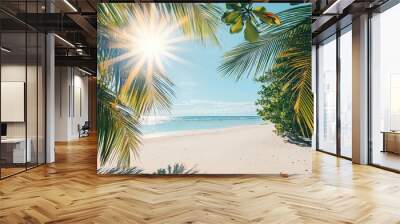 A stunning beach view framed by palm leaves, showcasing bright sunlight and a serene ocean horizon for a tropical paradise feel. Wall mural